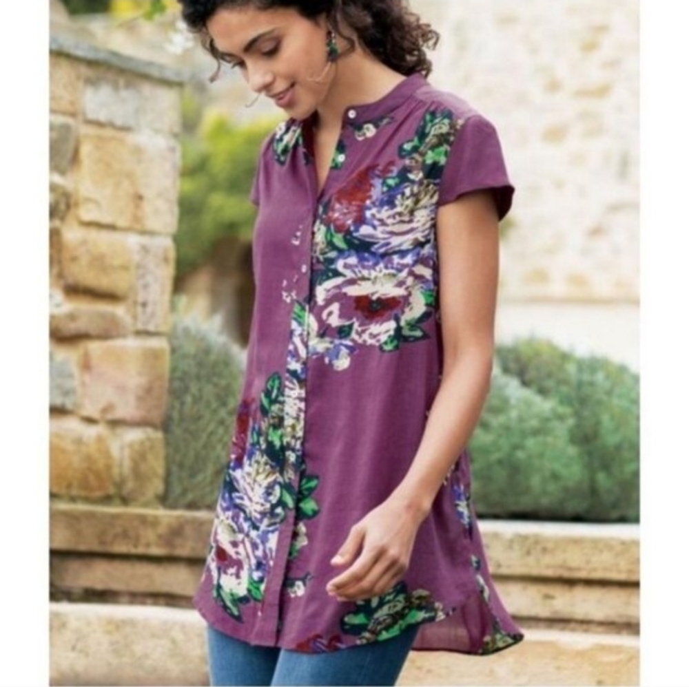 SOFT SURROUNDINGS Womens Size S Purple Floral Button Down Tunic Top